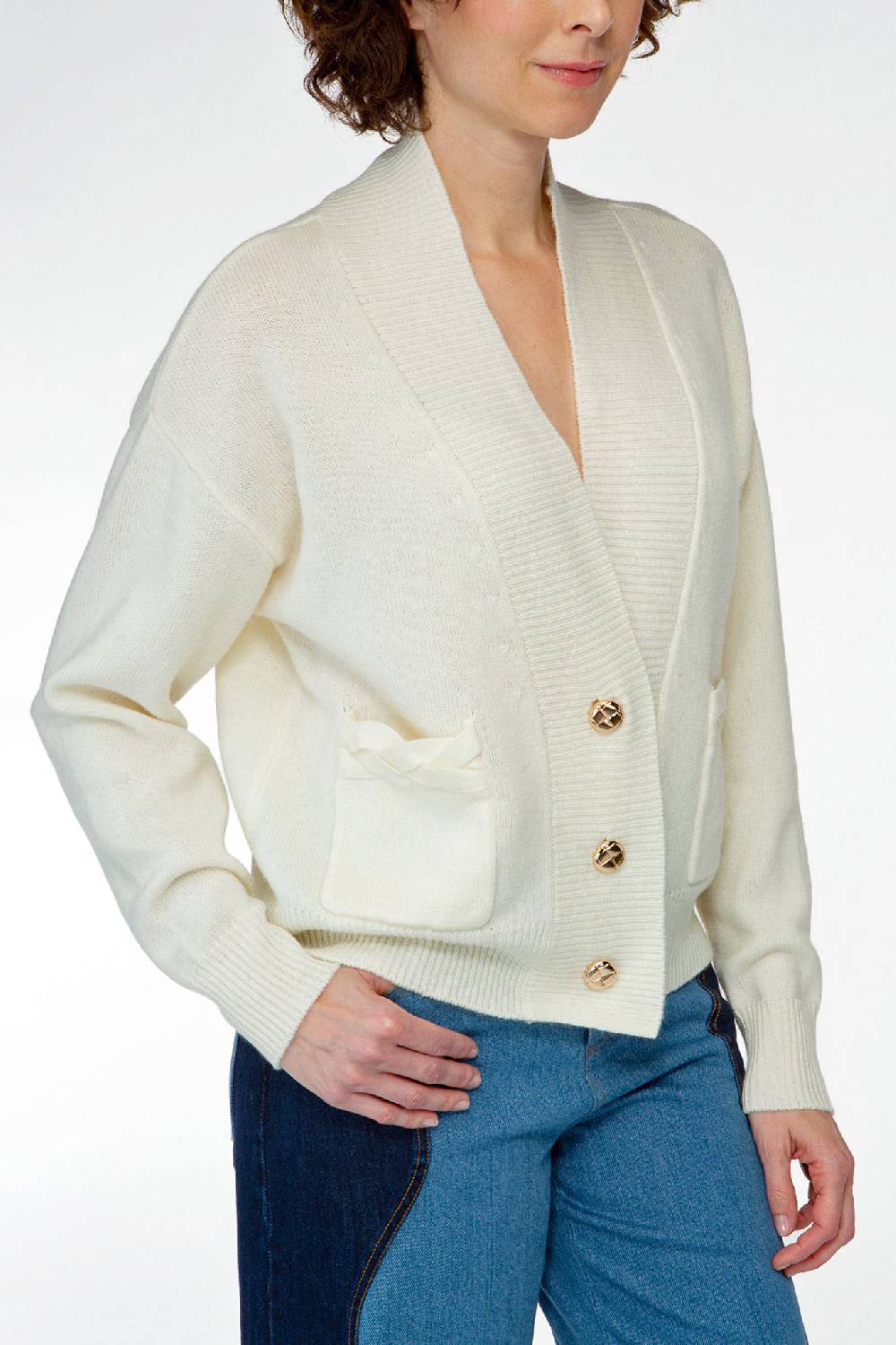 IVI GmbH SOLID KNIT Cardigan mit aufgesetzten Taschen weiß Fabrikladen