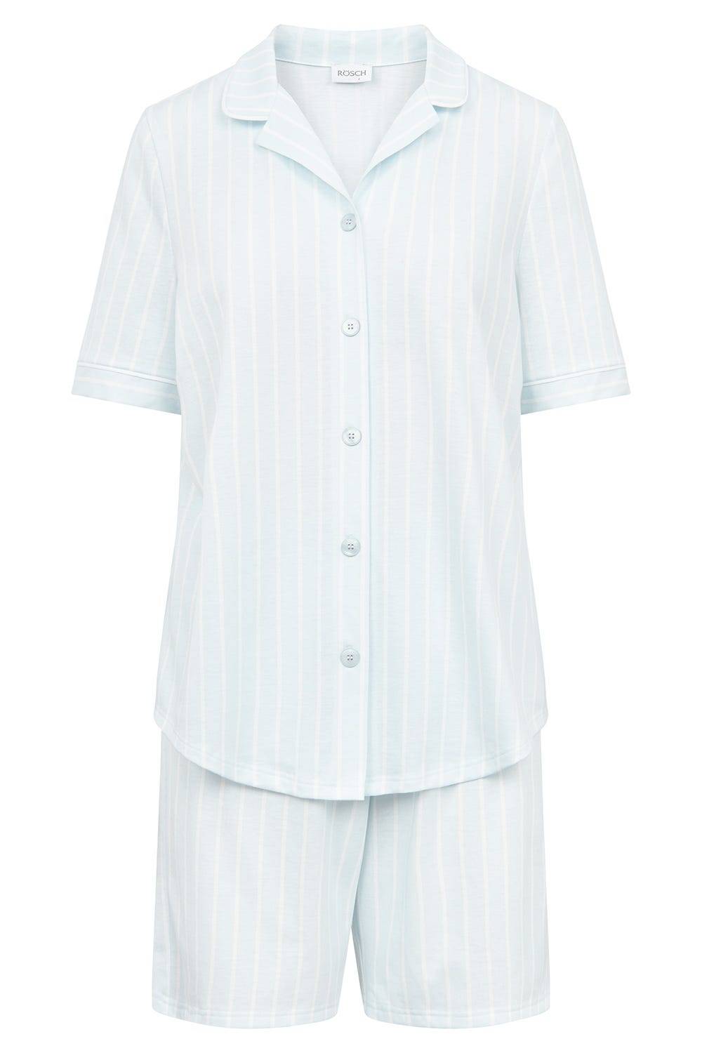 Rösch Pyjama kurz im Streifenprint Hellblau Herrenhemdstil 100% Baumwolle Riesige Rabatte