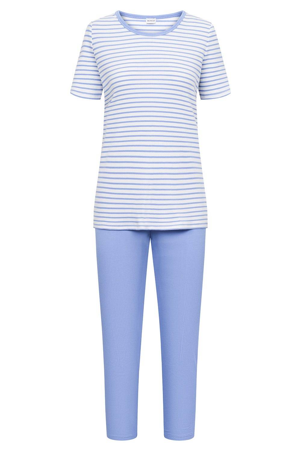 Rösch Pyjama mit Streifendruck Blau-Weiß Feinrippe Clearance-Verkauf
