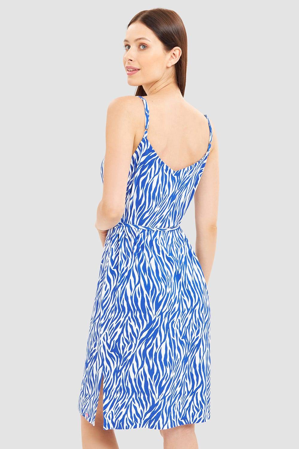 Rösch Strandkleid im modernen Zebradruck Blau-Weiß Spaghetti-Träger Viskose/Elasthan Rabatt