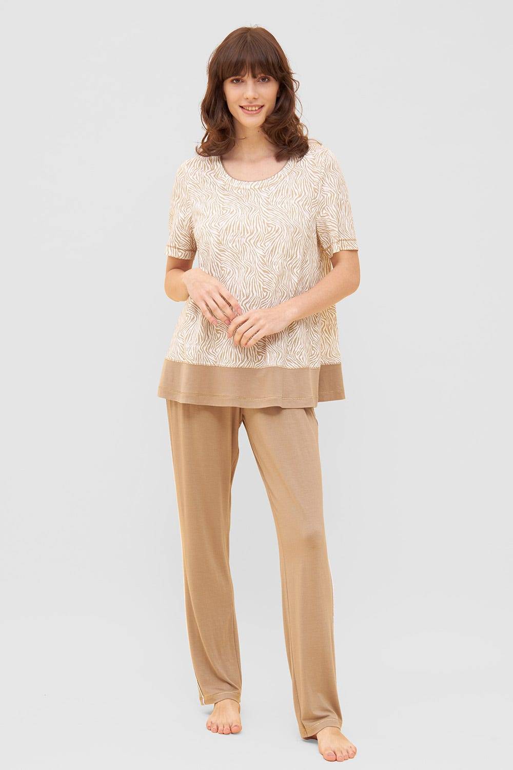 Rösch Shirt im Zebra-Druck Beige Ziernähte A-Linie Mix &amp; Match Baumwolle/Modal Neueste Stile