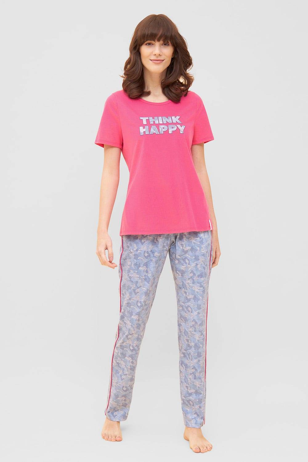 Rösch T-Shirt mit Schriftzug &quot;Think Happy&quot; Pink Kurzarm Mix &amp; Match 100% Baumwolle Nur noch ein Tag übrig