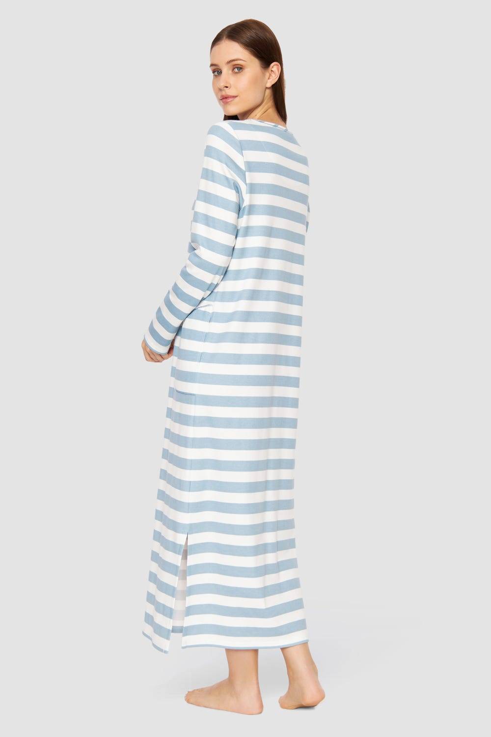 Rösch Nachtkleid im Ringel-Mustermix angerauht Hellblau 100% Baumwolle Online