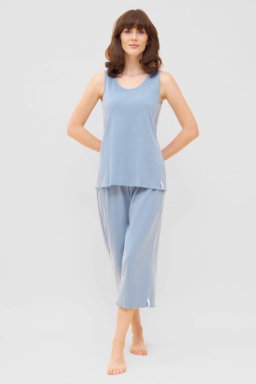 Rösch Pyjama-Top aus Ajour Feinstrick Hellblau Ärmellos Mix &amp; Match 100% Baumwolle im Angebot