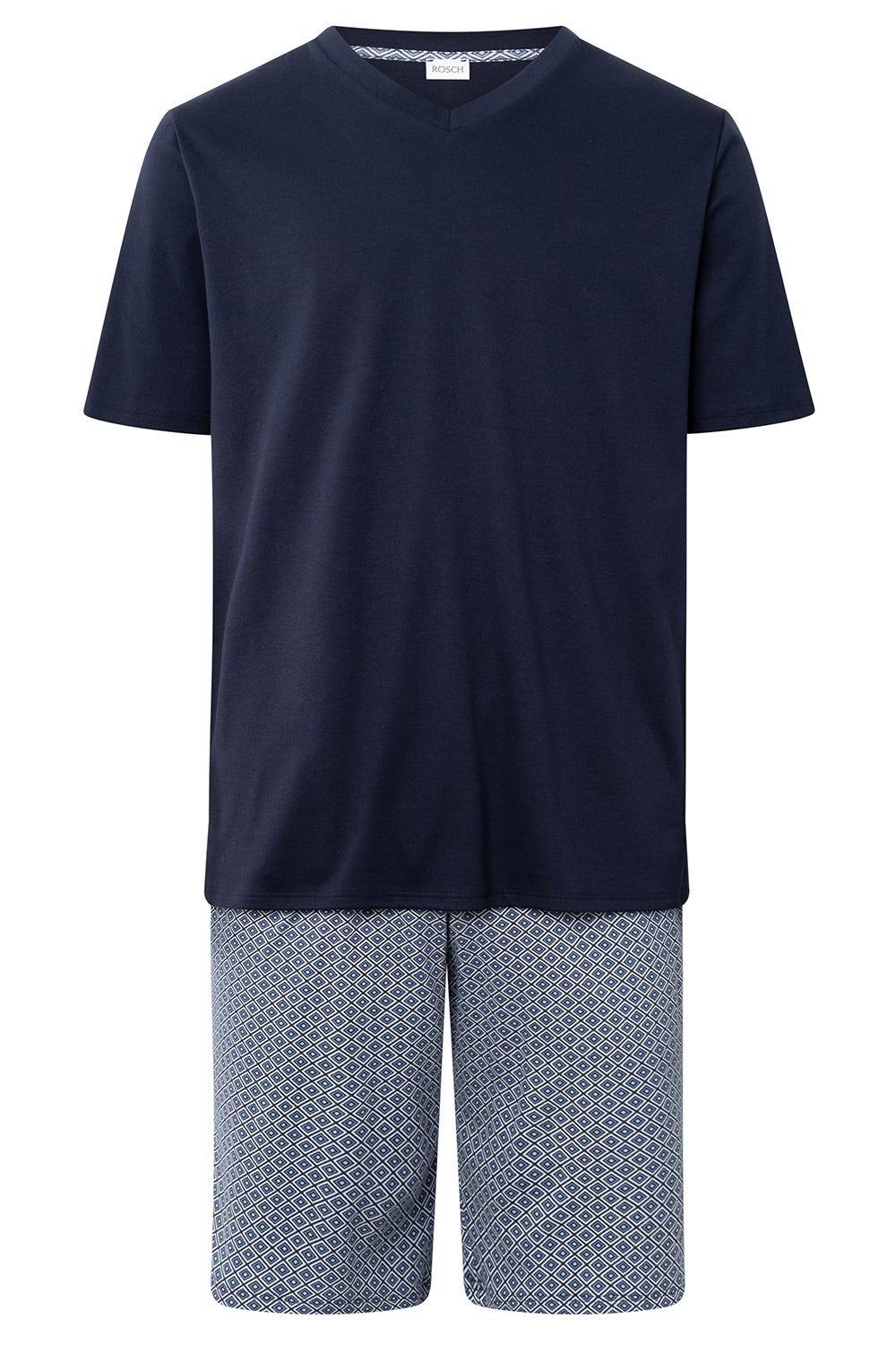 Rösch Herren Kurzer Pyjama mit Minimalprint Blau Bermuda V-Ausschnitt 100% Baumwolle Weihnachtsangebot