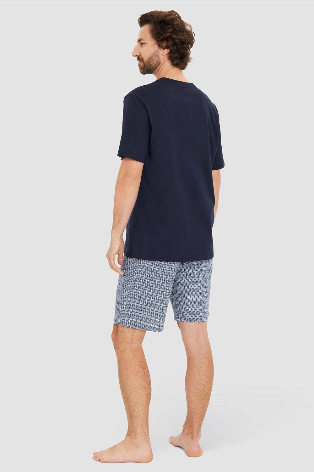 Rösch Herren Kurzer Pyjama mit Minimalprint Blau Bermuda V-Ausschnitt 100% Baumwolle Weihnachtsangebot