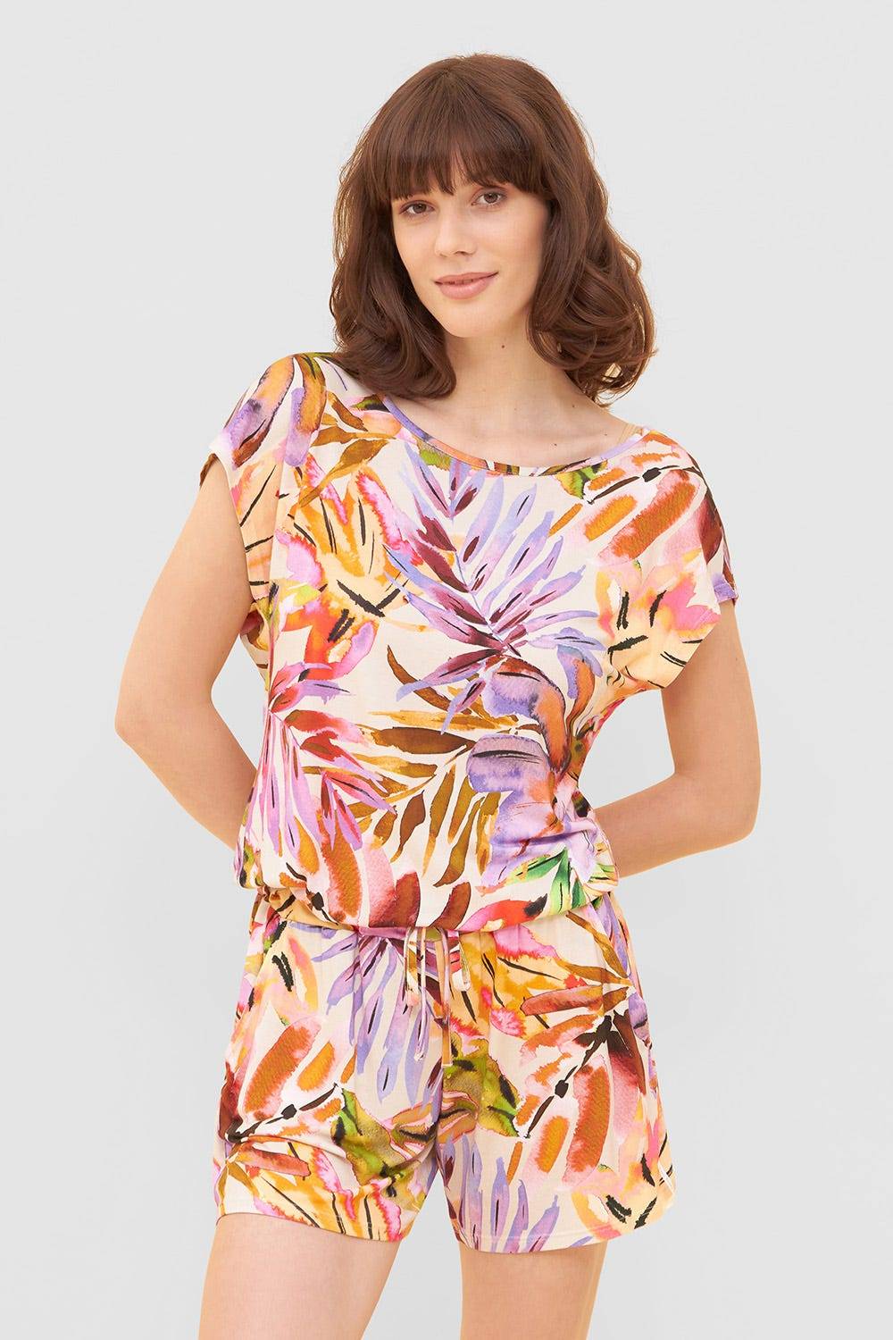 Rösch Jumpsuit im fröhlichen Blätter-Druck Bunt Shorts Sommer Viskose/Elasthan Große Rabatte
