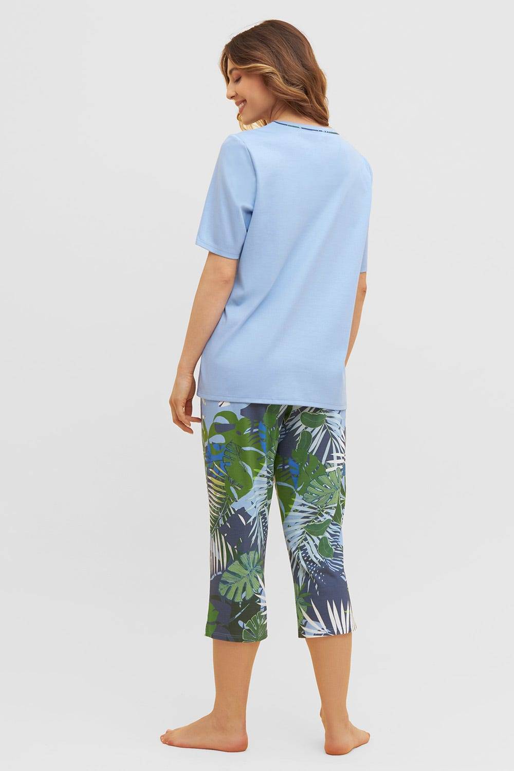 Rösch Pyjama mit tropischem Palmen-Druck 3/4-Hose Paspel Baumwolle/Modal JETZT KAUFEN