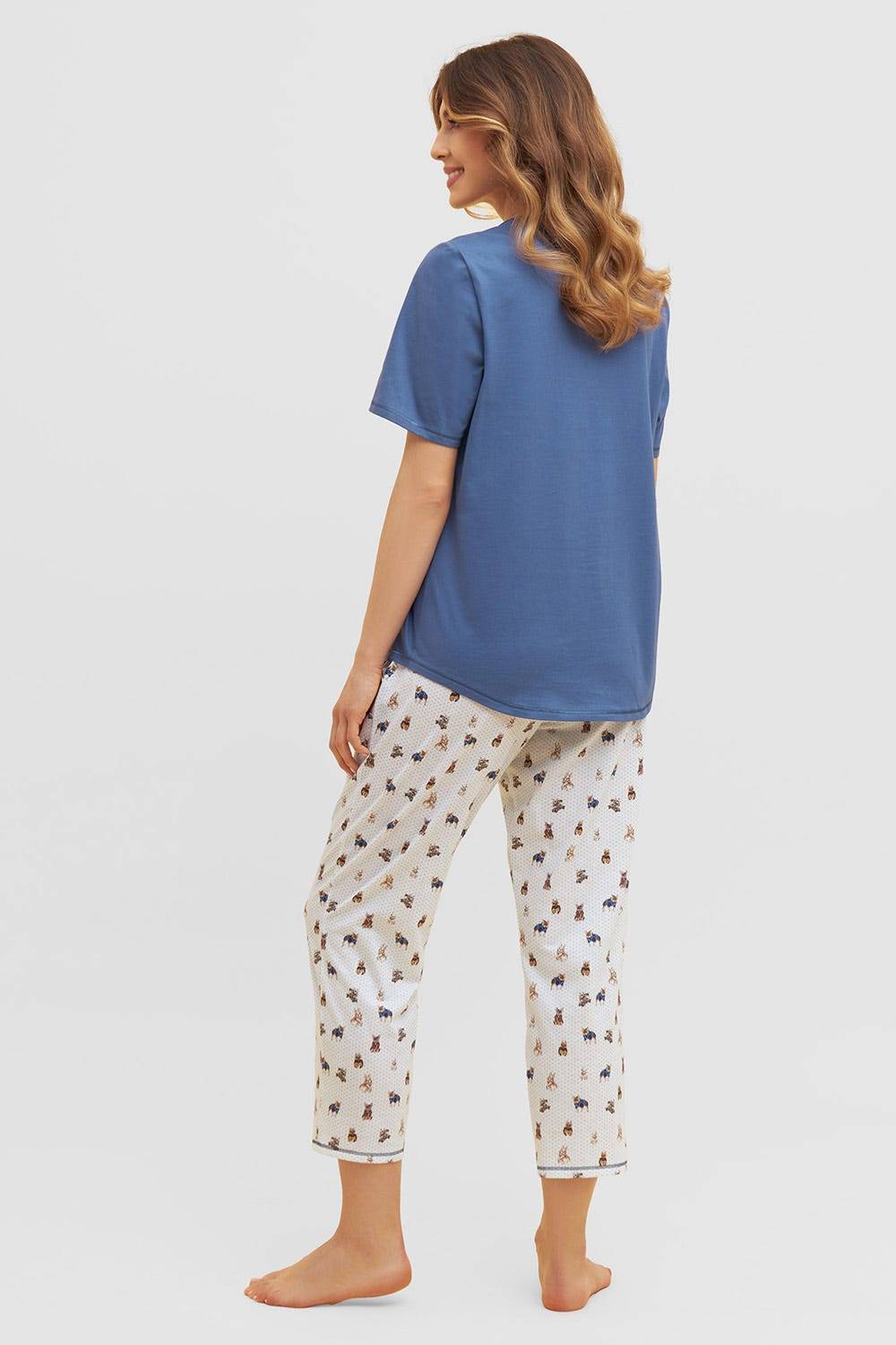 Rösch Pyjama mit verspieltem Hunde-Druck 7/8-Hose Blau Ziernähte 100% Baumwolle Neueste Stile