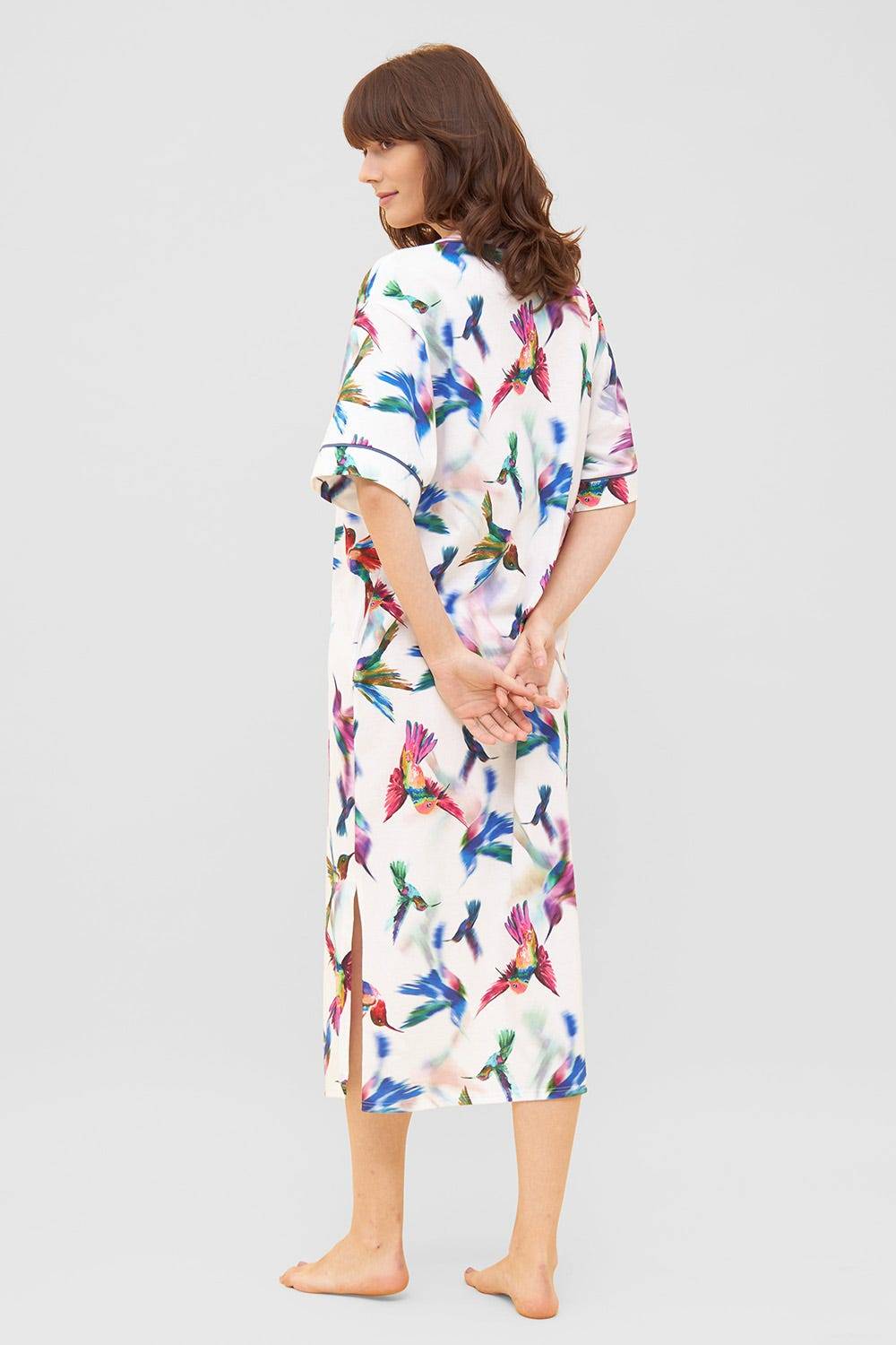 Rösch Nachtkleid im Vogel-Druck Kimono Paspeln Halbarm Maxi-Länge 100% Baumwolle Zeitbegrenzte Promotion