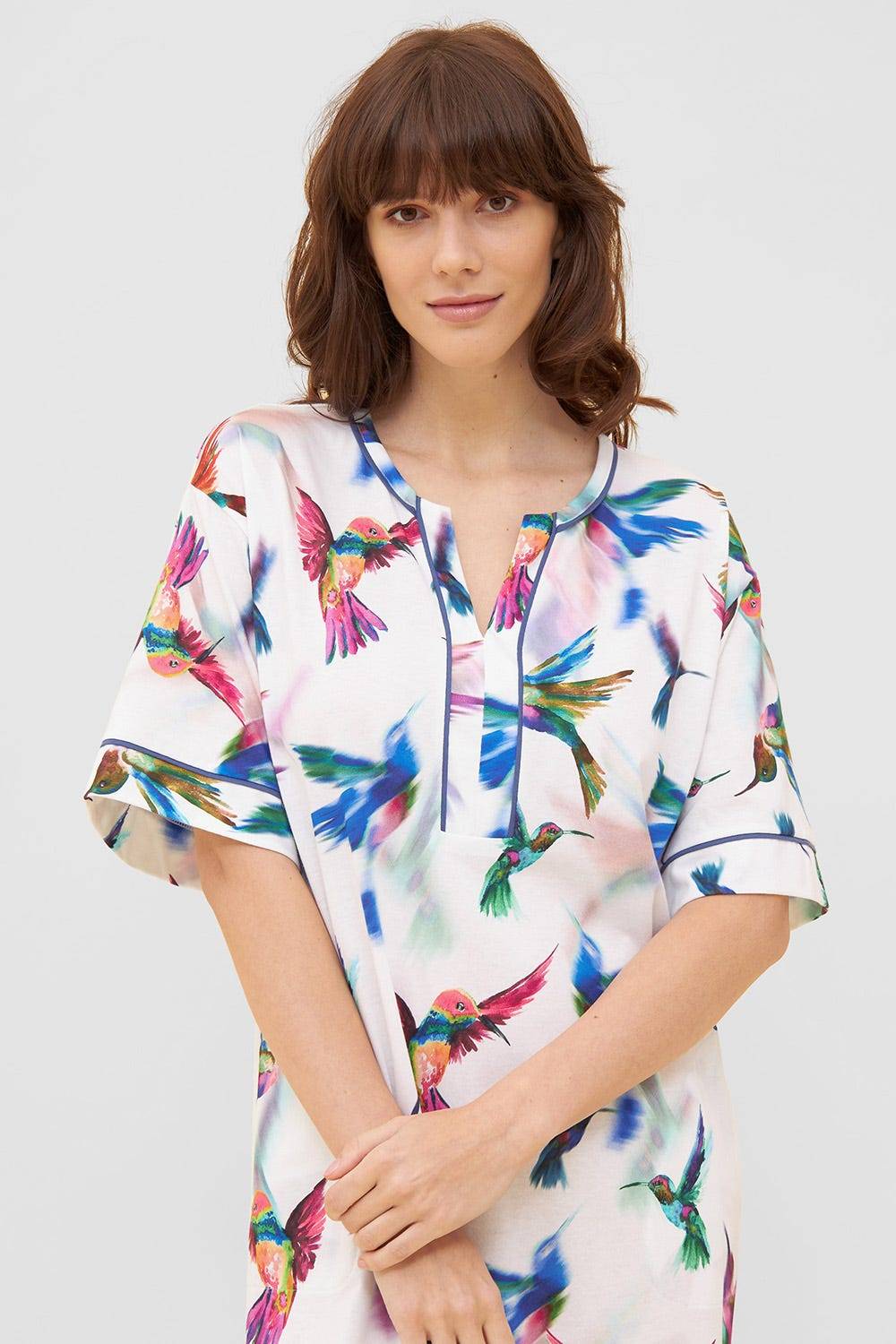 Rösch Nachtkleid im Vogel-Druck Kimono Paspeln Halbarm Maxi-Länge 100% Baumwolle Zeitbegrenzte Promotion