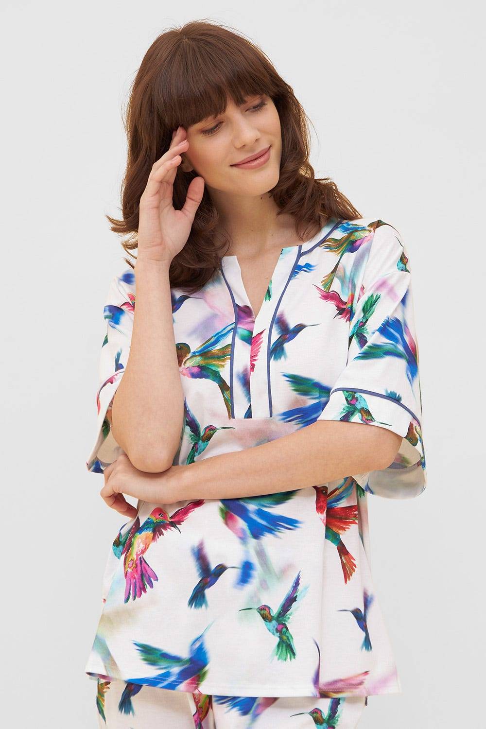 Rösch Pyjama im Vogel-Druck Kimono Paspeln Halbarm 100% Baumwolle Bis zu 50% Rabatt