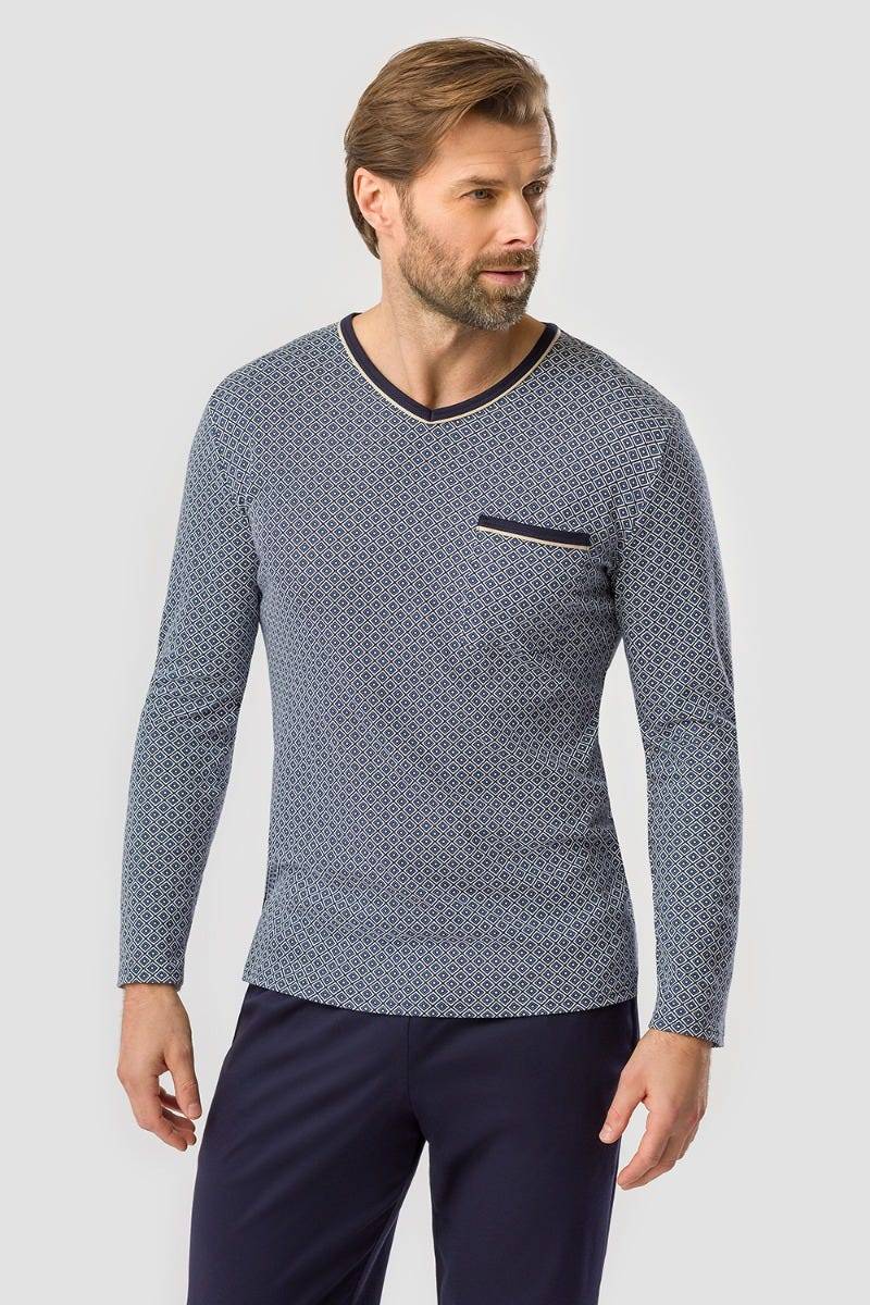 Rösch Herren Pyjama mit Minimalprint Blau Klassisch 100% Baumwolle Nur für heute