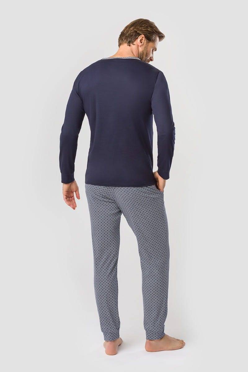 Rösch Herren Pyjama mit Minimalprint Blau Raffungen Paspeln 100% Baumwolle Sonderangebot der Fabrik