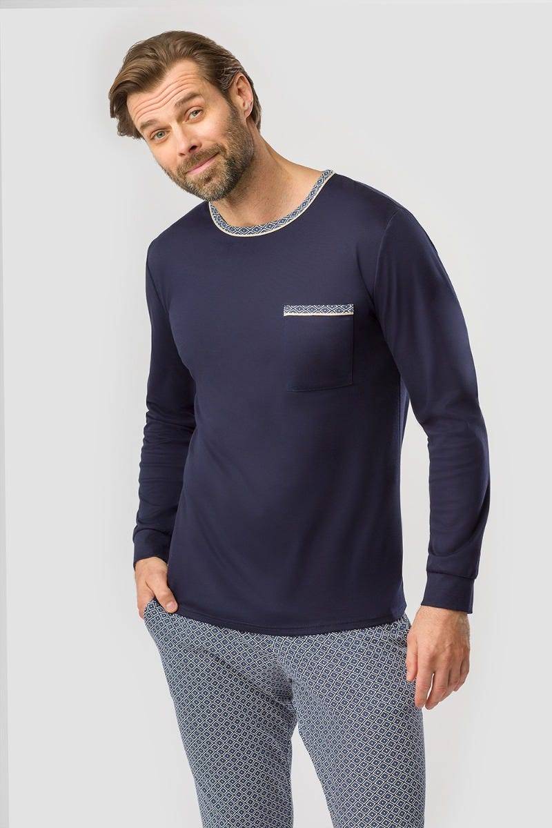 Rösch Herren Pyjama mit Minimalprint Blau Raffungen Paspeln 100% Baumwolle Sonderangebot der Fabrik