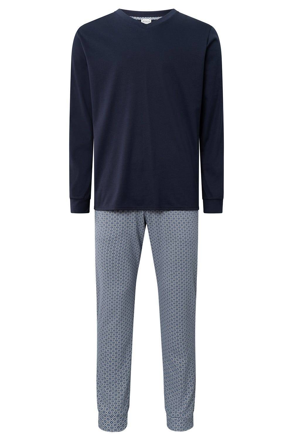 Rösch Herren Langer Pyjama mit Minimalprint Blau V-Ausschnitt 100% Baumwolle Bis zu 55% Rabatt