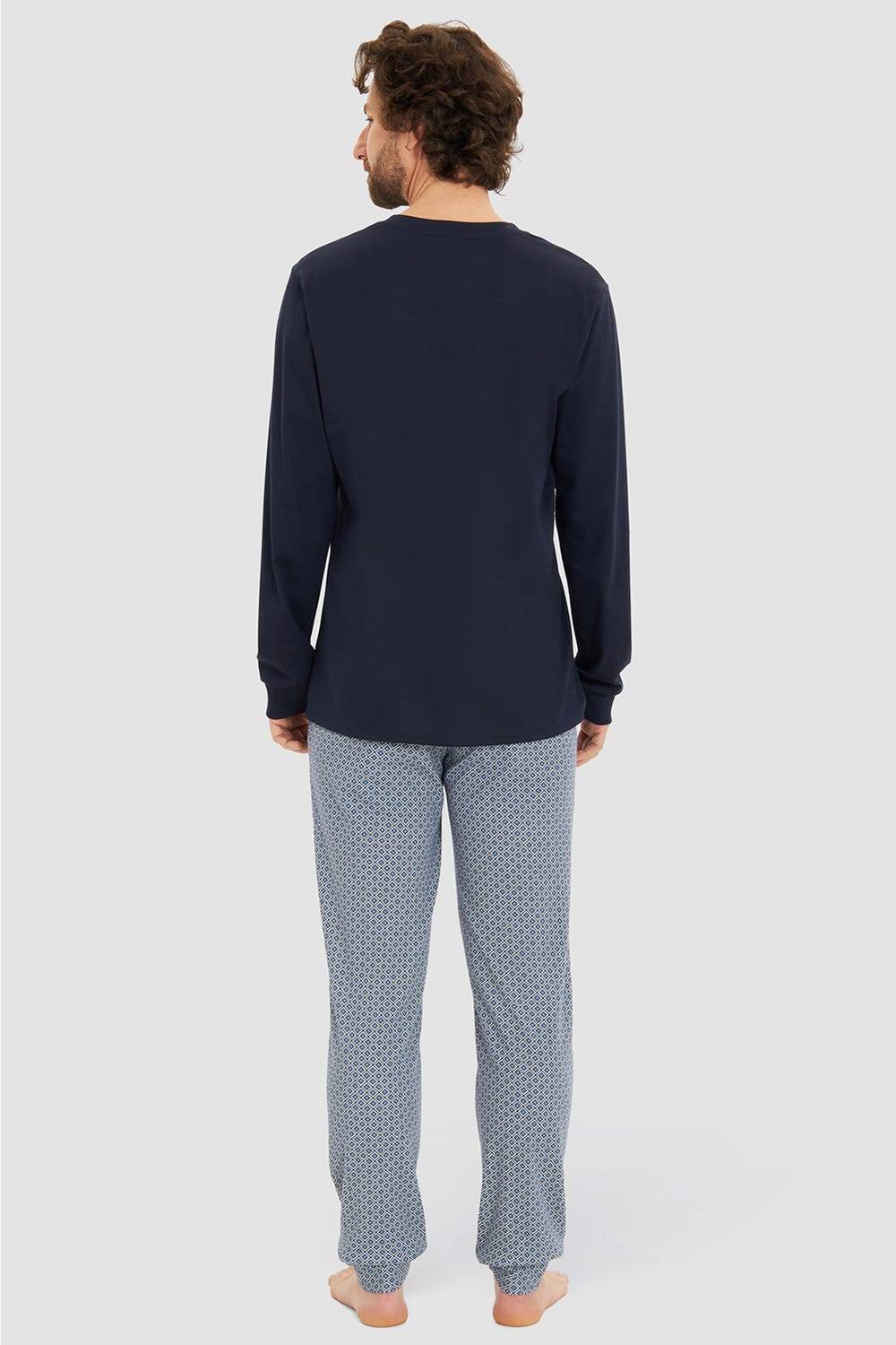 Rösch Herren Langer Pyjama mit Minimalprint Blau V-Ausschnitt 100% Baumwolle Bis zu 55% Rabatt