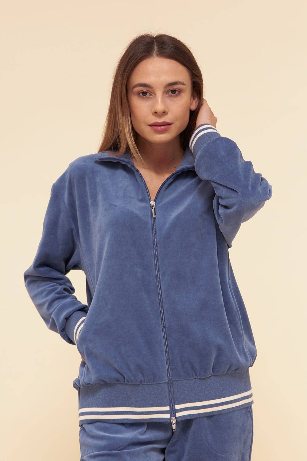 Rösch Hausanzug aus Nicki Blouson-Style sportive Streifen Stickbündchen Baumwolle/Polyester Riesige Rabatte