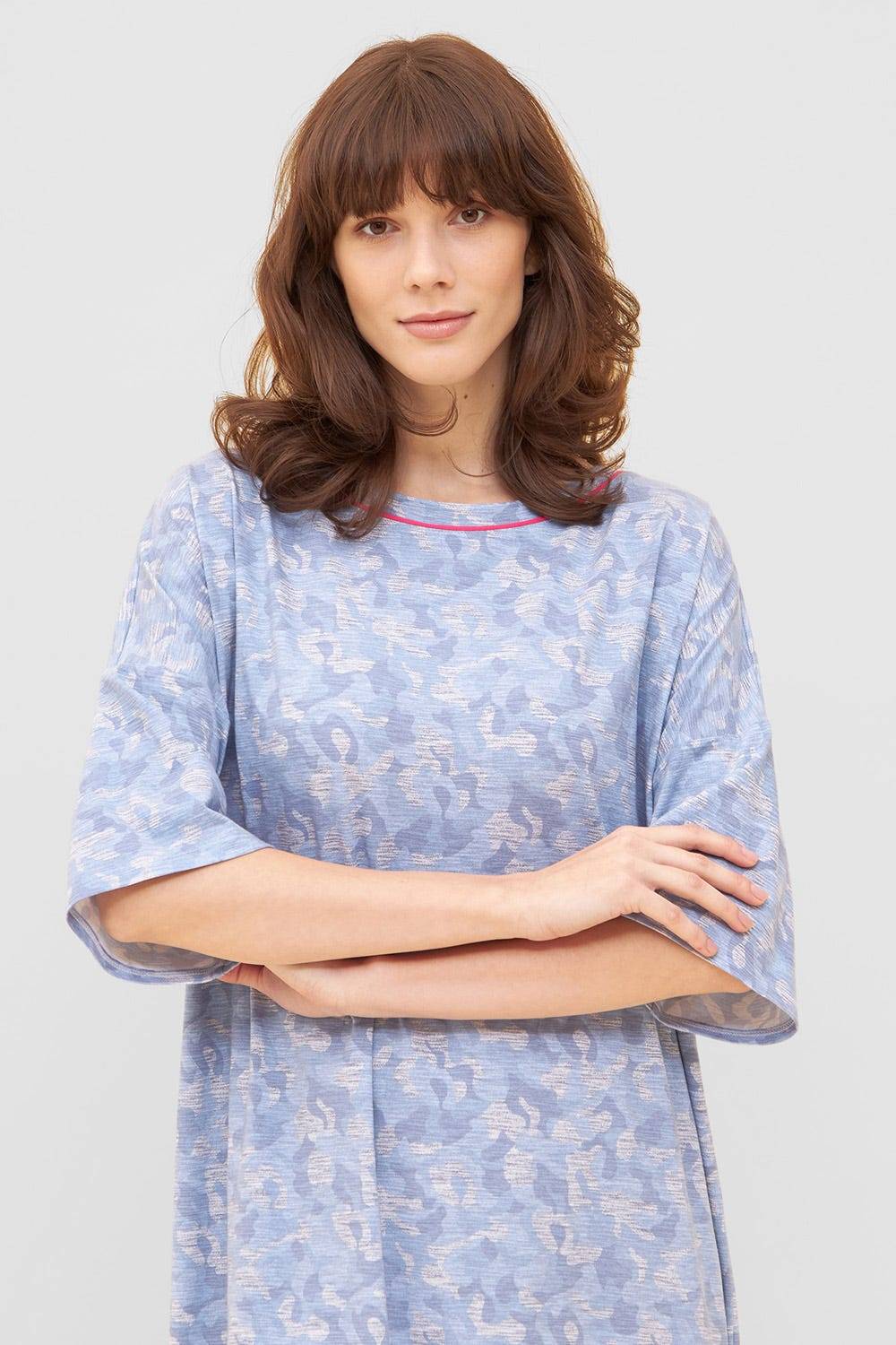 Rösch Nachtkleid im blauen Camouflage-Druck Halbarm Maxi-Länge Baumwolle/Elasthan 2025