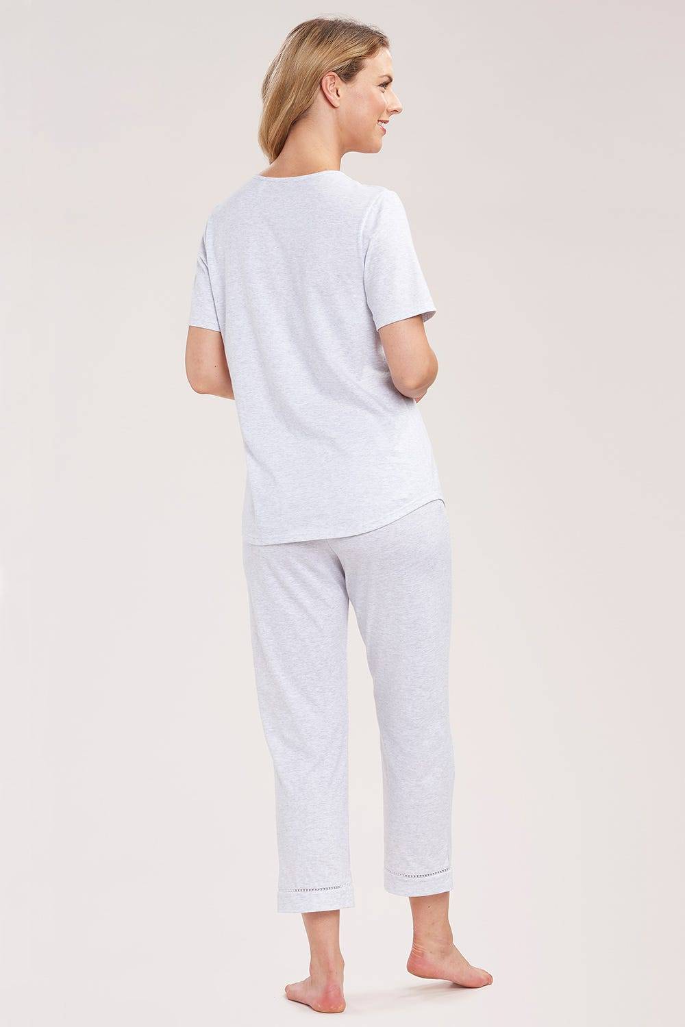 Rösch Pyjama mit Zierschleife und Spitze Grau Kurzarm 7/8-Hose 100% Baumwolle Günstiger Verkauf
