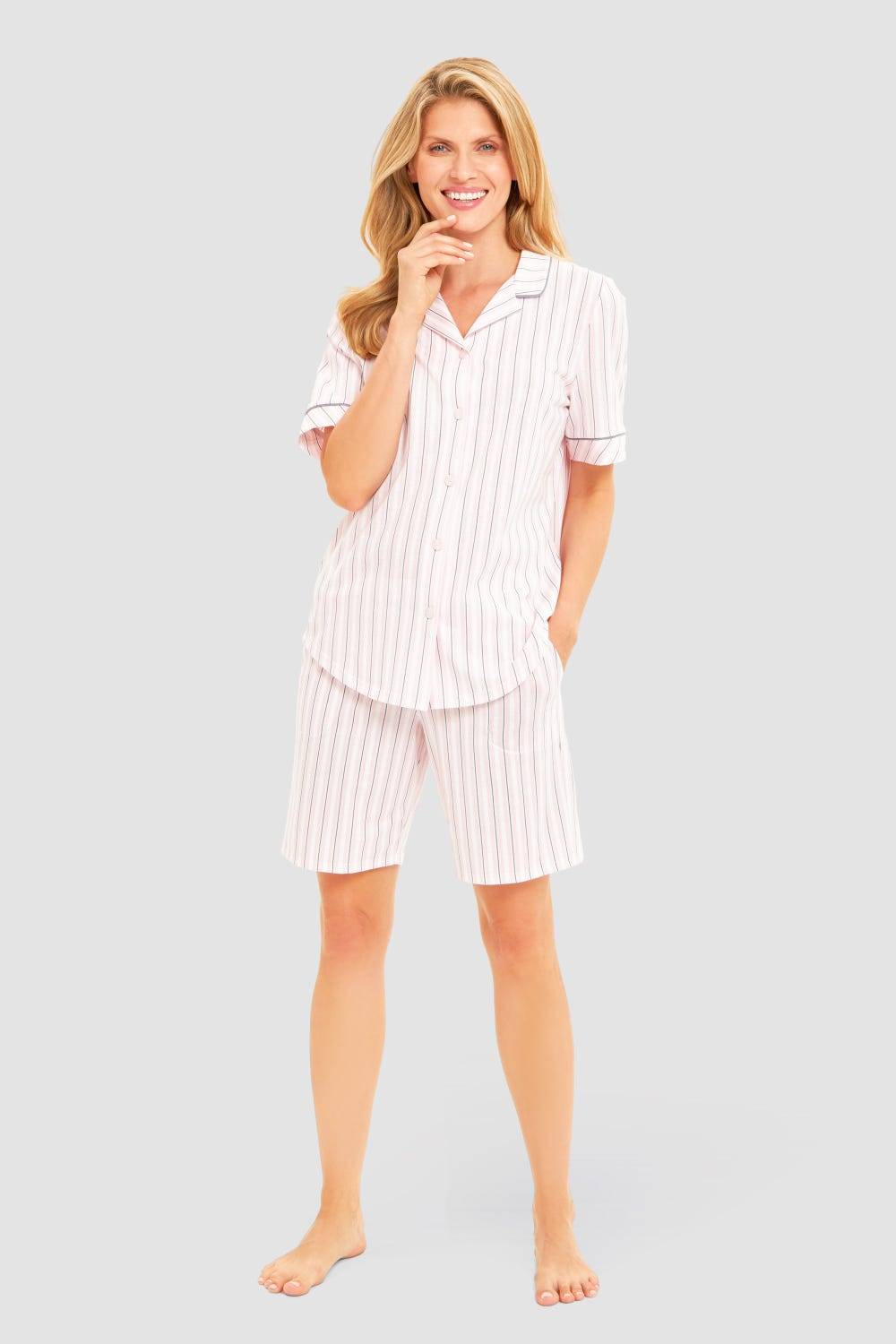 Rösch Basic Bermuda im Streifendruck Rosa-Grau Fabrik Onlineshop