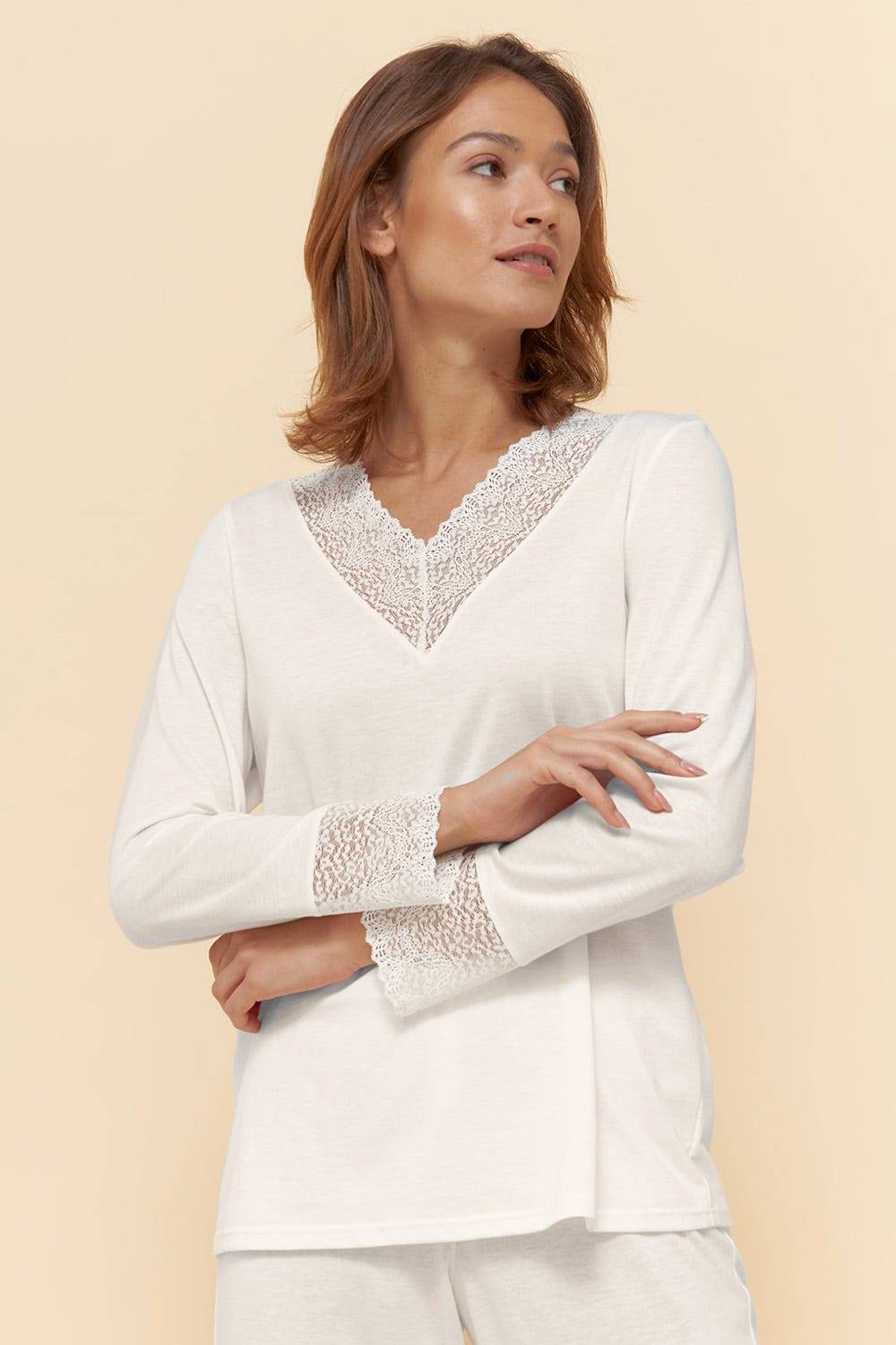 Rösch Pyjama mit eleganten Spitzen-Details einfarbig romantisch verspielt Baumwolle/Modal Cyber Monday