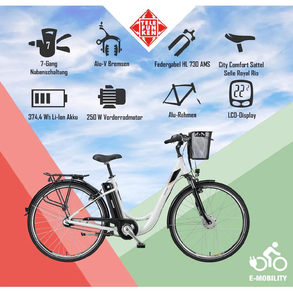 Telefunken E-Bike »Multitalent RC840« 7 Gang Shimano Nexus Frontmotor 250 W Pedelec Elektrofahrrad für Damen u. Herren Cityrad auf Rechnung online bestellen Letzter Tag