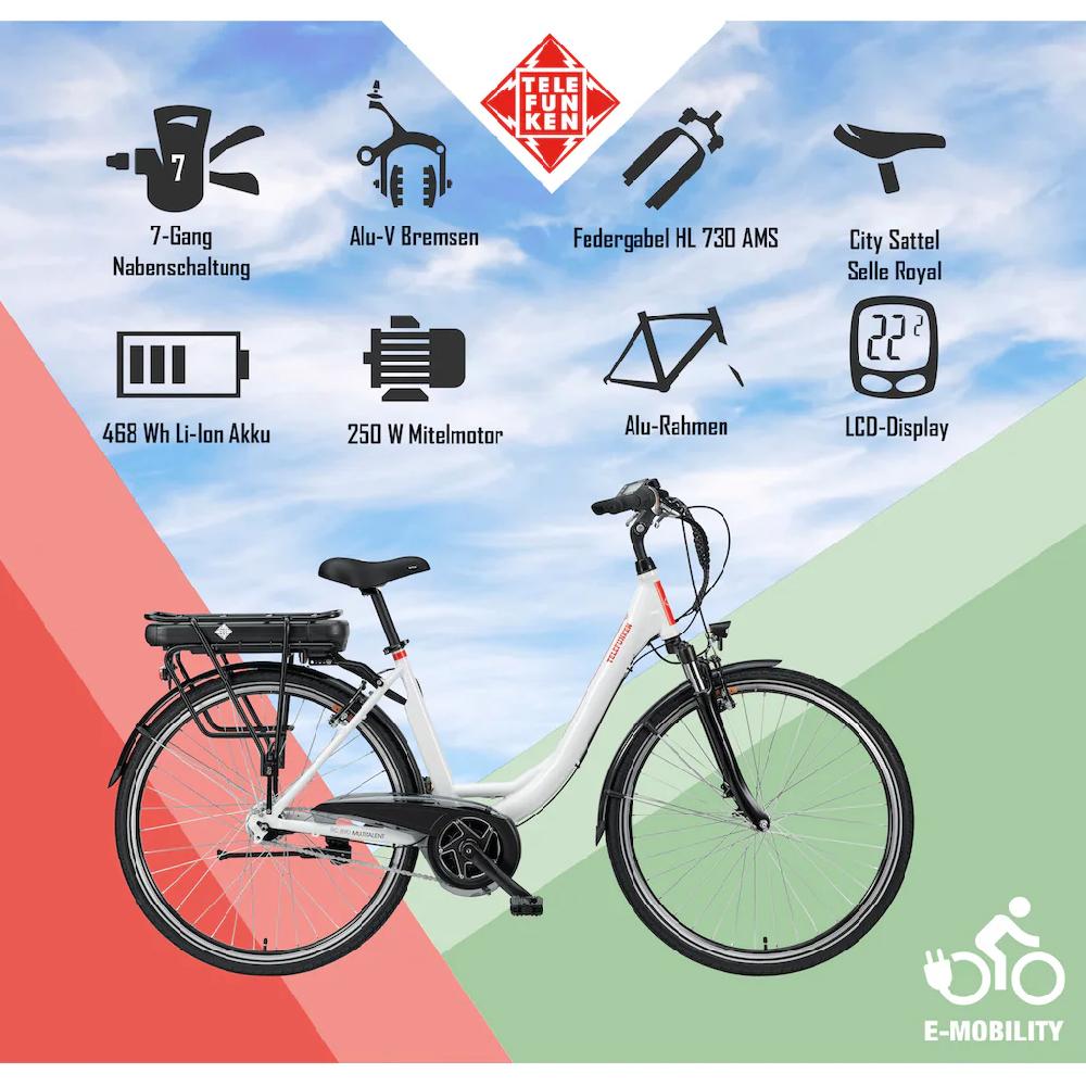Telefunken E-Bike »Multitalent RC890« 7 Gang Shimano Nexus Mittelmotor 250 W Pedelec Elektrofahrrad für Damen u. Herren Cityrad Vierteljährliche Förderung