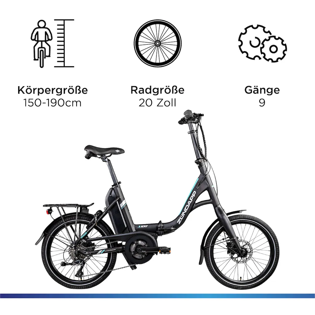 Zündapp E-Bike »X100« 9 Gang Shimano Sora Mittelmotor 250 W Pedelec Elektrofahrrad für Damen u. Herren Faltrad auf Rechnung online kaufen Begrenzt auf 3 Tage