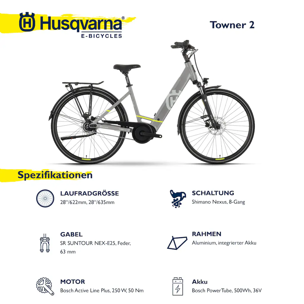 Husqvarna E-BICYCLES E-Bike »E-Citybike Towner 2« 8 Gang Shimano Nexus Mittelmotor 250 W (28 Zoll Bosch Motor Rücktritt Scheibenbremsen mit Straßenzulassung) Pedelec Elektrofahrrad für Herren u. Damen Cityrad tiefer Einstie zollfrei