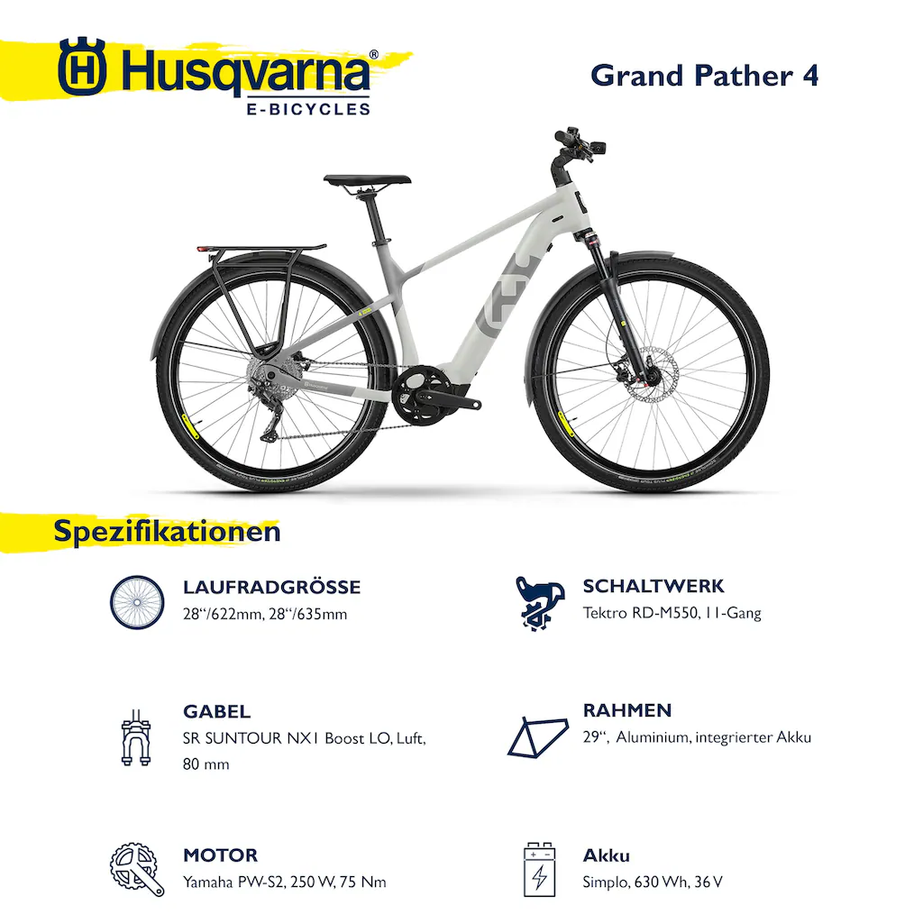 Husqvarna E-BICYCLES E-Bike »E-Trekkingbike Grand Pather 4« 11 Gang Tektro RD-M550 Mittelmotor 250 W (28 Zoll Yamaha Motor Scheibenbremsen mit Straßenzulassung) Pedelec Elektrofahrrad für Herren Trekkingrad auf Raten Kostenloser Versand