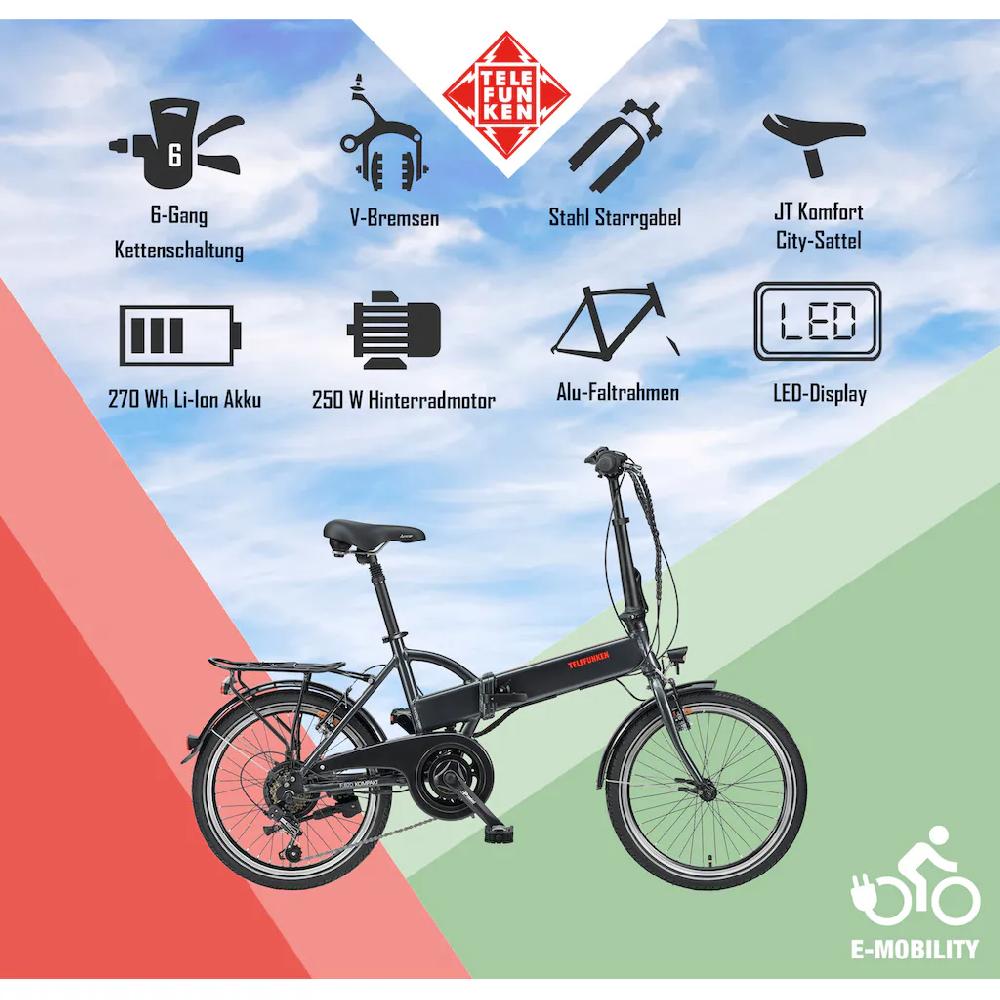 Telefunken E-Bike »Kompakt F820« 6 Gang Shimano Tourney Heckmotor 250 W Pedelec Elektrofahrrad für Damen u. Herren Faltrad auf Rechnung online bestellen Black Friday