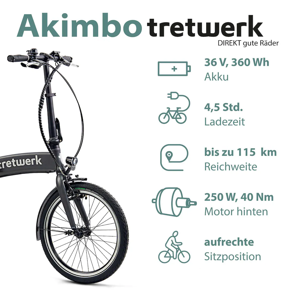 Tretwerk E-Bike »Akimbo« 8 Gang Shimano Acera M3020 SGS Heckmotor 250 W Pedelec Elektrofahrrad für Damen u. Herren Faltrad Blitzangebot