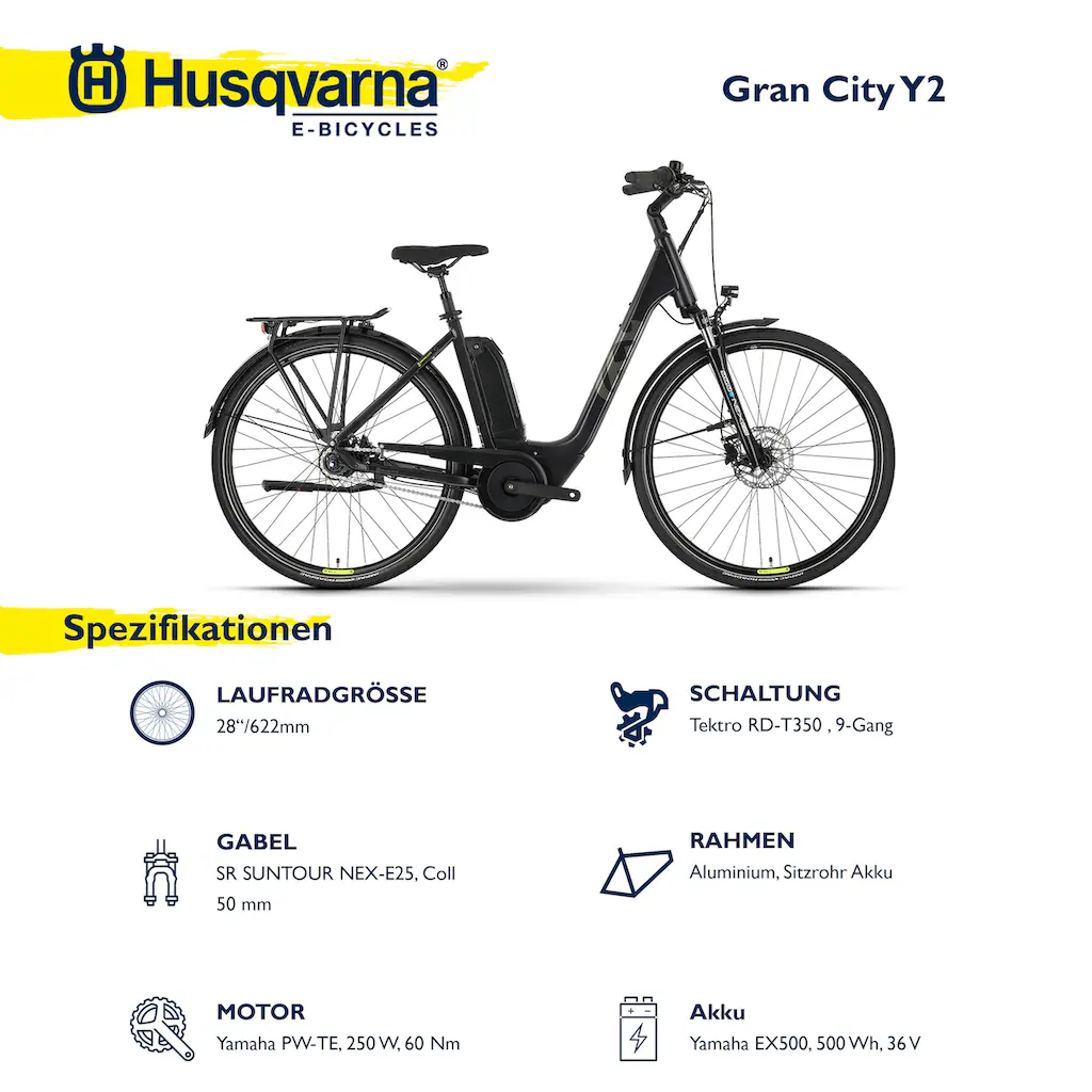 Husqvarna E-BICYCLES E-Bike »E-Citybike Grand City Y2« 9 Gang Tektro RD-T350 Mittelmotor 250 W (28 Zoll Yamaha Motor Scheibenbremsen mit Straßenzulassung) Pedelec Elektrofahrrad für Herren u. Damen Cityrad tiefer Einstieg Zeitbegrenzte Promotion