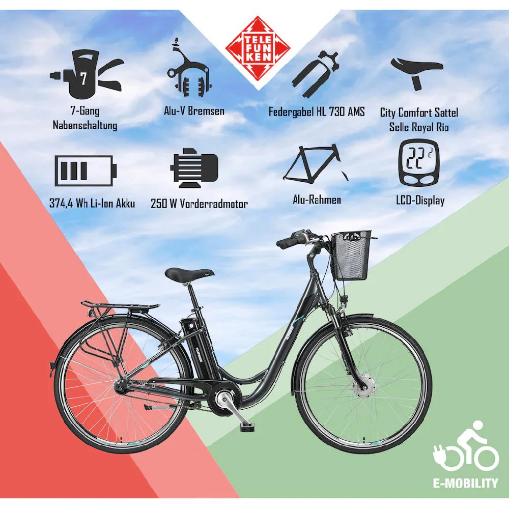 Telefunken E-Bike »Multitalent RC840« 7 Gang Shimano Nexus Frontmotor 250 W Pedelec Elektrofahrrad für Damen u. Herren Cityrad 50% Rabatt für begrenzte Zeit