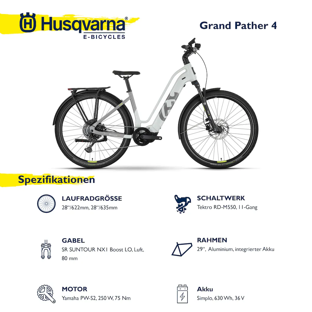 Husqvarna E-BICYCLES E-Bike »E-Trekkingbike Grand Pather 4« 11 Gang Tektro RD-M550 Mittelmotor 250 W (tiefer Einstieg 28" Yamaha Motor Scheibenbremsen Straßenzulassung) Pedelec Elektrofahrrad für Herren Trekkingrad auf Rechn Angebote
