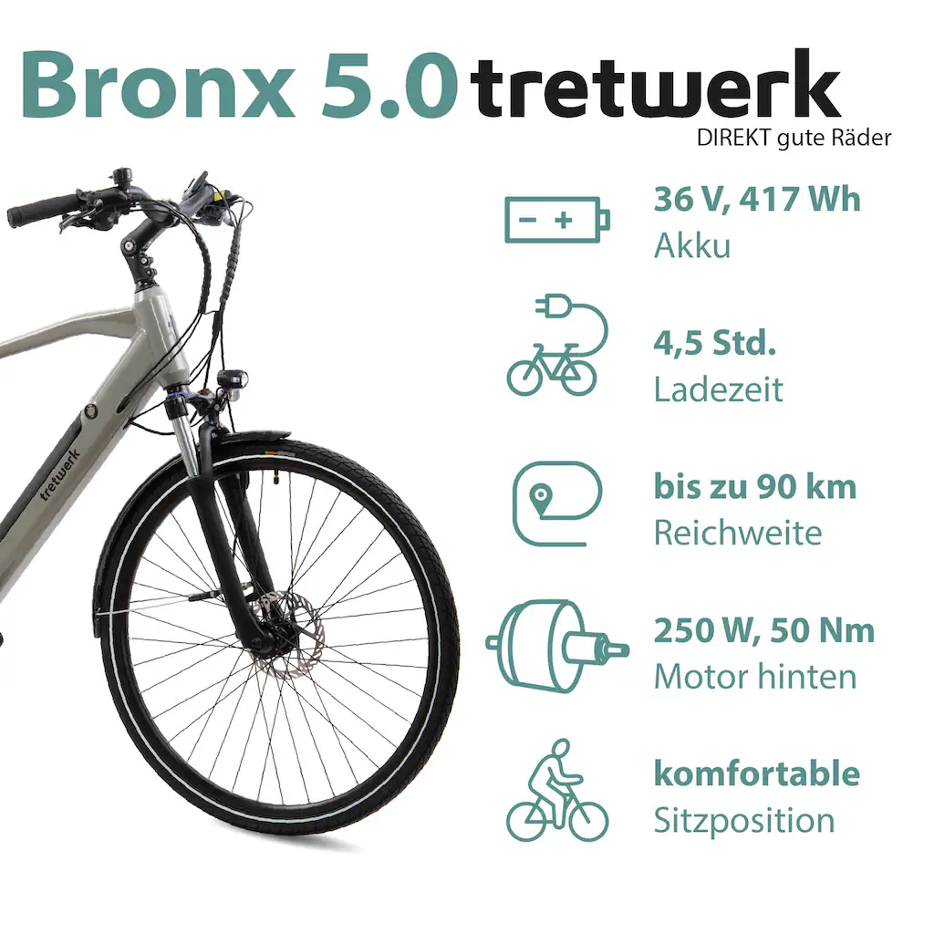 Tretwerk E-Bike »Bronx 5.0« 24 Gang Shimano Altus M310 Heckmotor 250 W Pedelec Elektrofahrrad für Damen u. Herren Trekkingrad auf Rechnung online kaufen Günstiger Verkauf