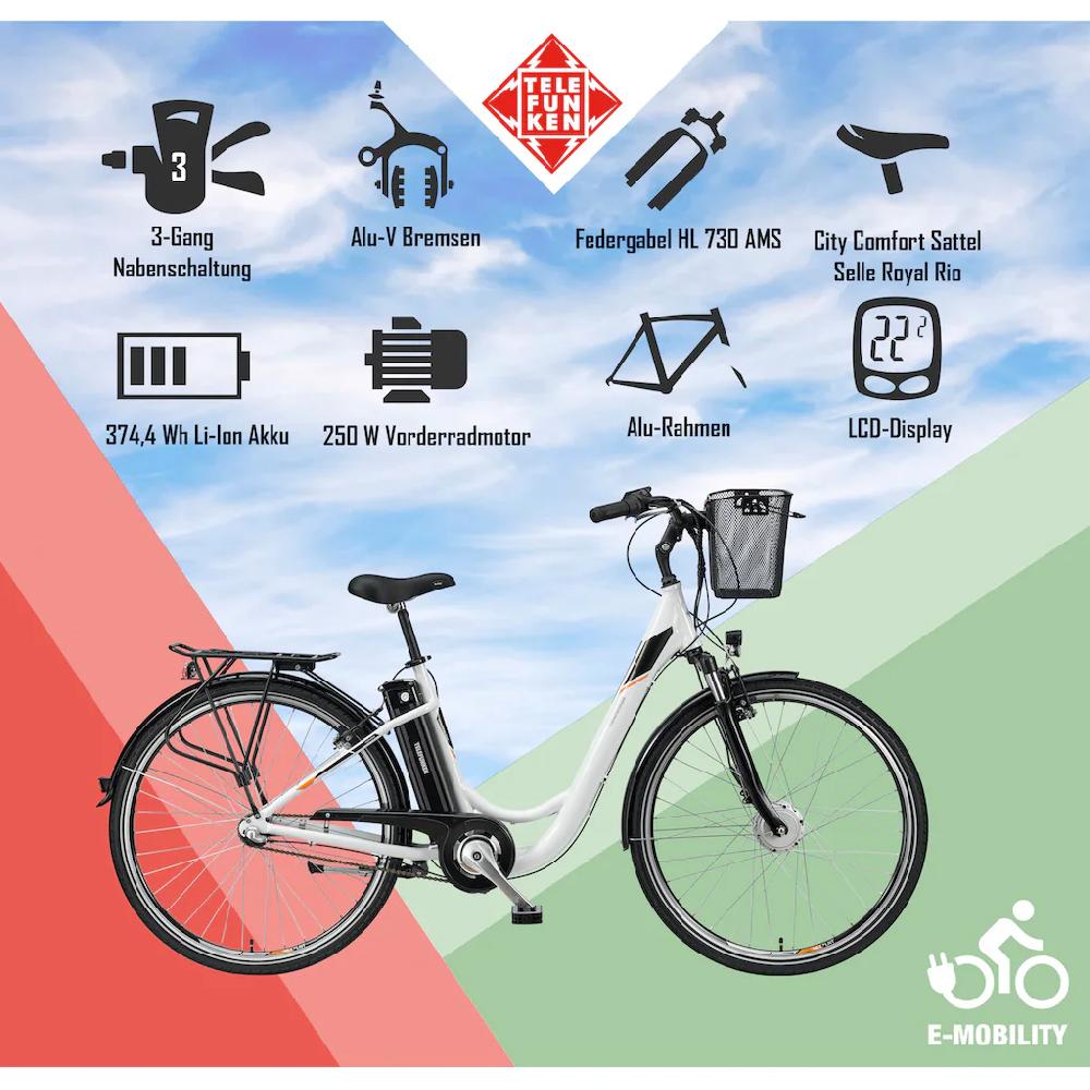 Telefunken E-Bike »Multitalent RC830« 3 Gang Shimano Nexus Frontmotor 250 W Pedelec Elektrofahrrad für Damen u. Herren Cityrad auf Rechnung kaufen Lagerräumung