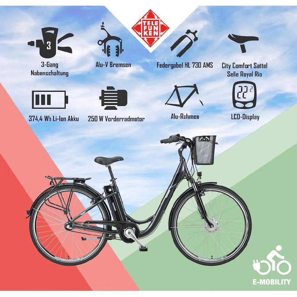 Telefunken E-Bike »Multitalent RC830« 3 Gang Shimano Nexus Frontmotor 250 W Pedelec Elektrofahrrad für Damen u. Herren Cityrad auf Raten Heißer Verkauf