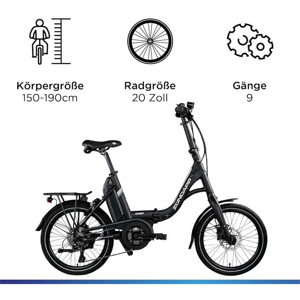 Zündapp E-Bike »X100« 9 Gang Shimano Sora Mittelmotor 250 W Pedelec Elektrofahrrad für Damen u. Herren Faltrad Zeitlich begrenztes Angebot