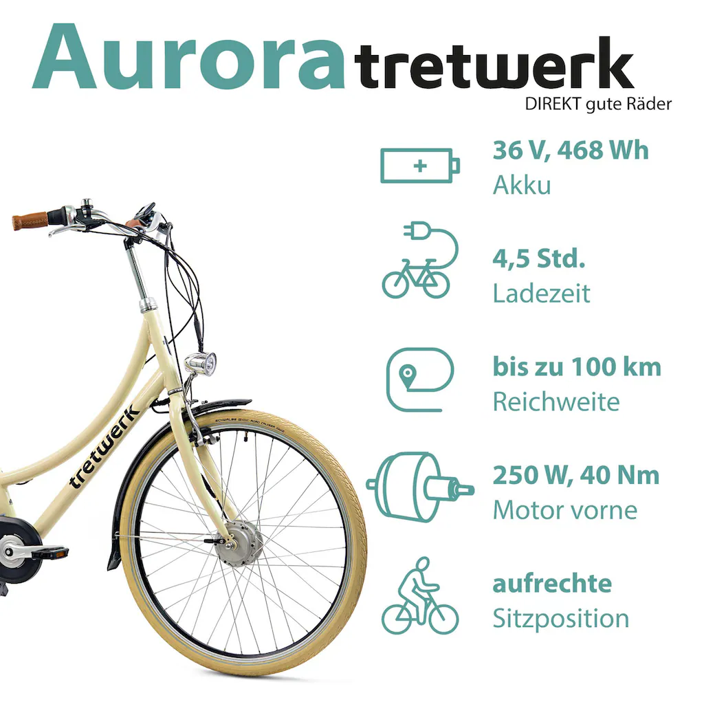 Tretwerk E-Bike »Aurora« 7 Gang Frontmotor 250 W (im Retro-Stil) Pedelec Elektrofahrrad für Damen u. Herren Cityrad Blitzangebot