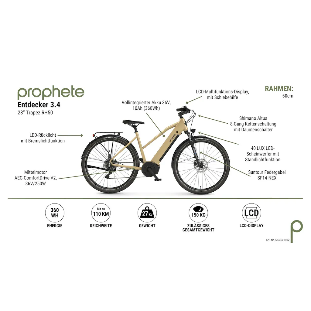 Prophete E-Bike »Entdecker 3.4« 8 Gang Shimano Mittelmotor 250 W Pedelec Elektrofahrrad für Damen Trekkingrad auf Rechnung bestellen Riesige Ersparnisse