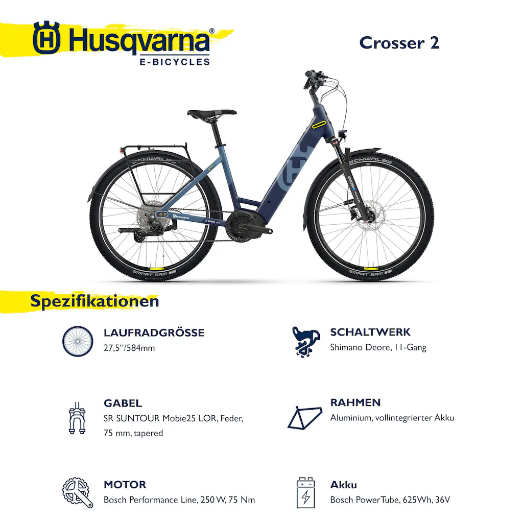 Husqvarna E-BICYCLES E-Bike »E-Trekkingbike Crosser 2« 11 Gang Shimano Deore RD-M5100 Mittelmotor 250 W (27 5 Zoll Bosch Motor Scheibenbremsen Straßenzulassung) Pedelec Elektrofahrrad für Herren u. Damen Trekkingrad auf Rate Kostenlose Rückgabe