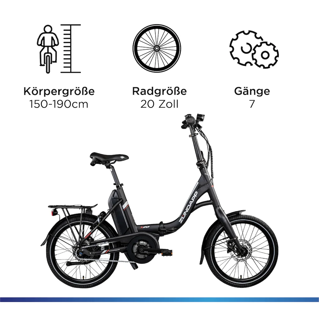 Zündapp E-Bike »X20« 7 Gang Shimano Nexus Mittelmotor 250 W Pedelec Elektrofahrrad für Damen u. Herren Faltrad 2025
