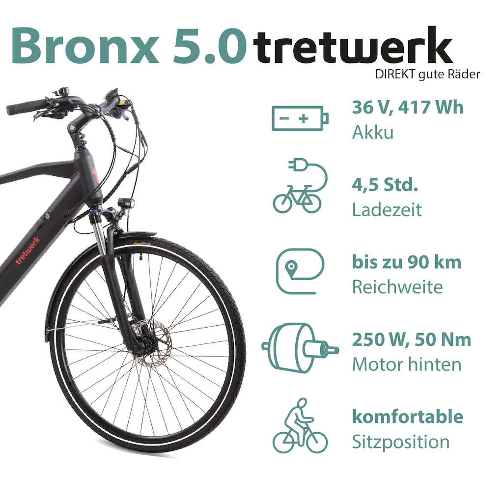 Tretwerk E-Bike »Bronx 5.0« 24 Gang Shimano Altus M310 Heckmotor 250 W Pedelec Elektrofahrrad für Damen u. Herren Trekkingrad auf Rechnung online kaufen Fabrik Onlineshop