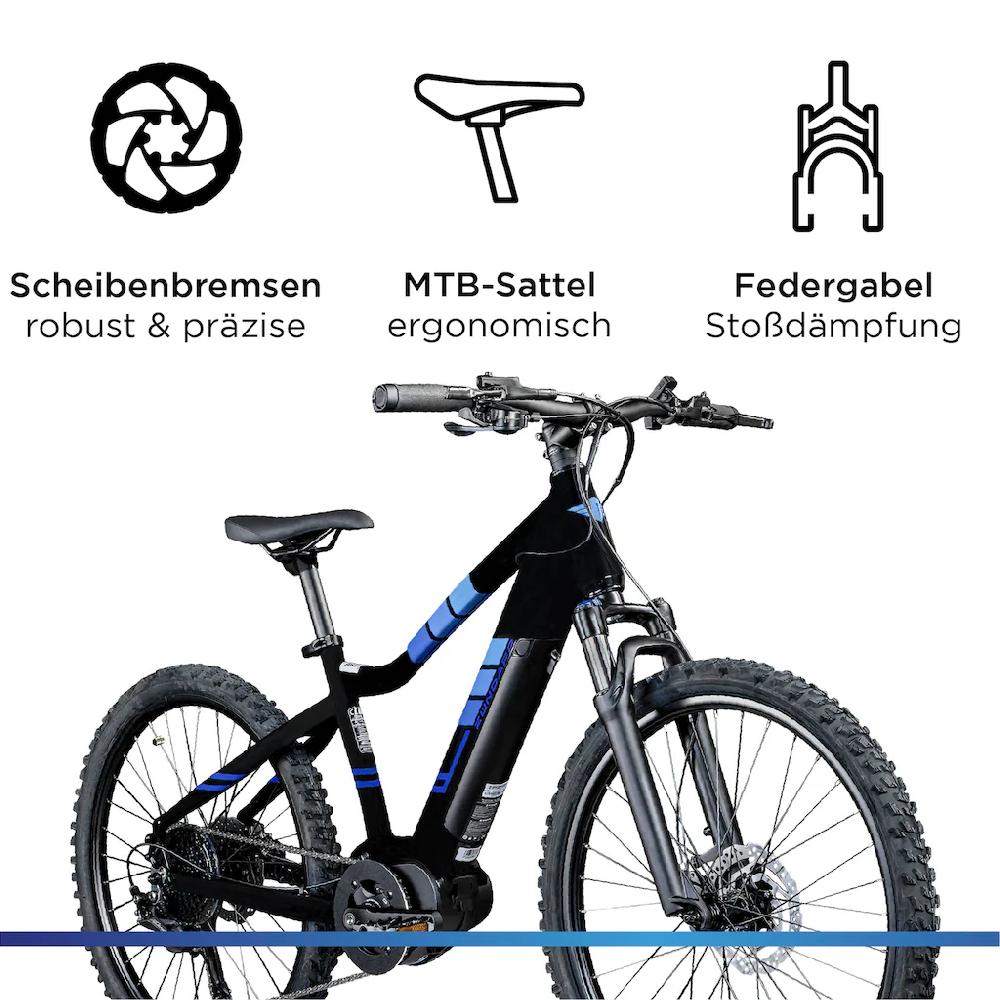 Zündapp E-Bike »Z240« 9 Gang Shimano Alivio RD-M3100 SGS Mittelmotor 250 W E Bike Mountainbike 24 Zoll Elektro Bike 130-145 cm Jugendliche ab 8 Lagerräumung
