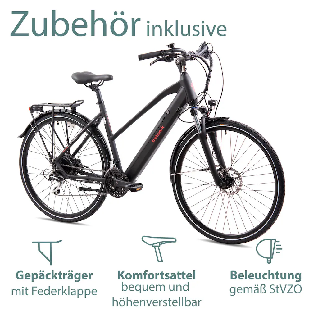 Tretwerk E-Bike »Seville 5.0« 24 Gang Shimano Heckmotor 250 W Pedelec Elektrofahrrad für Damen u. Herren Trekkingrad JETZT KAUFEN
