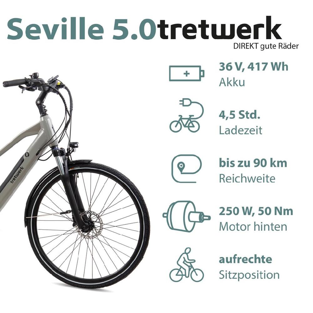 Tretwerk E-Bike »Seville 5.0« 24 Gang Shimano Heckmotor 250 W Pedelec Elektrofahrrad für Damen u. Herren Trekkingrad auf Rechnung kaufen Discount Store für neue Produkte