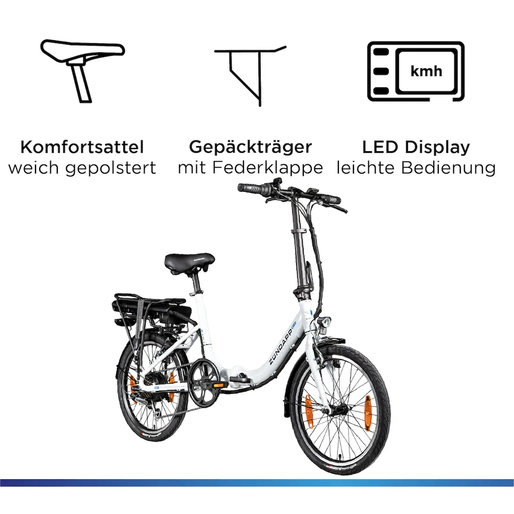 Zündapp E-Bike »Z110« 7 Gang Shimano RD-TY21 Tourney Heckmotor 250 W Pedelec Elektrofahrrad für Damen u. Herren Klapprad auf Rechnung online bestellen Clearance-Verkauf