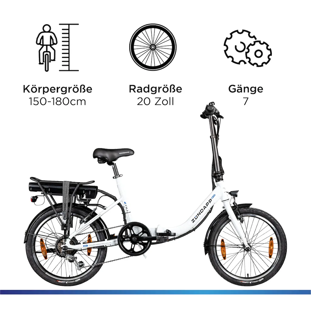 Zündapp E-Bike »Z110« 7 Gang Shimano RD-TY21 Tourney Heckmotor 250 W Pedelec Elektrofahrrad für Damen u. Herren Klapprad auf Rechnung online bestellen Clearance-Verkauf